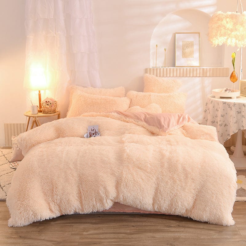 4U Bedclothes Beige / 1.5M "Plush Mink Velvet Bedding Set – 4-Piece Fluffy Winter Quilt Cover with Pillowcases for Queen & King Beds"