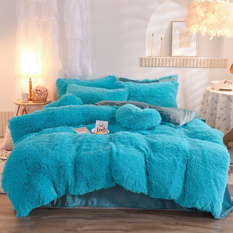 4U Bedclothes Blue / 1.5M "Plush Mink Velvet Bedding Set – 4-Piece Fluffy Winter Quilt Cover with Pillowcases for Queen & King Beds"