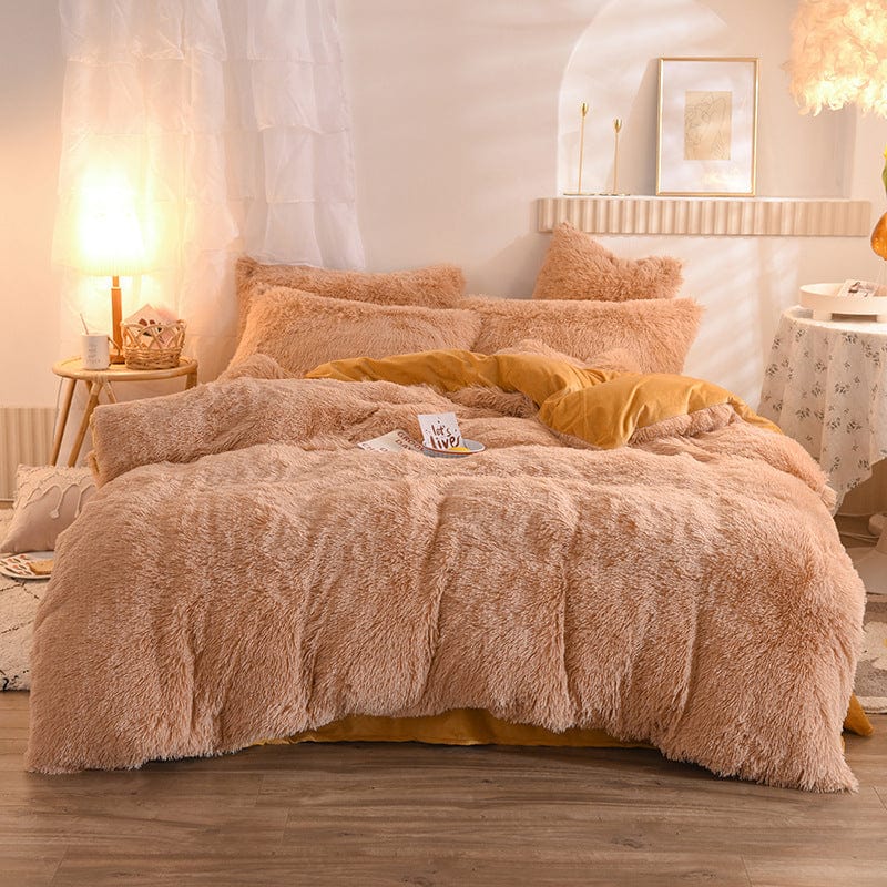 4U Bedclothes Camel / 1.5M "Plush Mink Velvet Bedding Set – 4-Piece Fluffy Winter Quilt Cover with Pillowcases for Queen & King Beds"