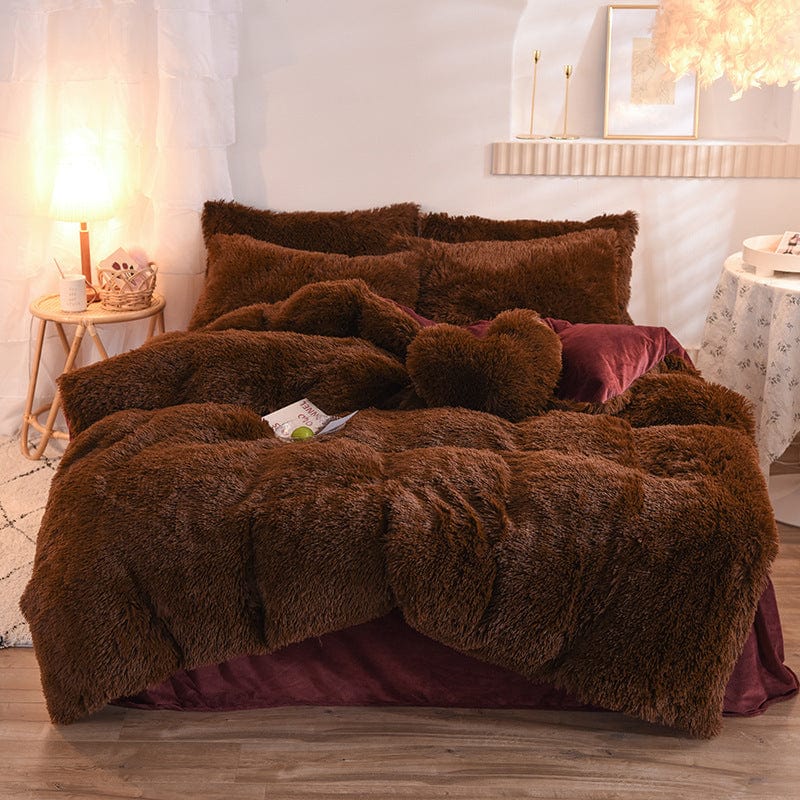 4U Bedclothes Coffee / 1.5M "Plush Mink Velvet Bedding Set – 4-Piece Fluffy Winter Quilt Cover with Pillowcases for Queen & King Beds"