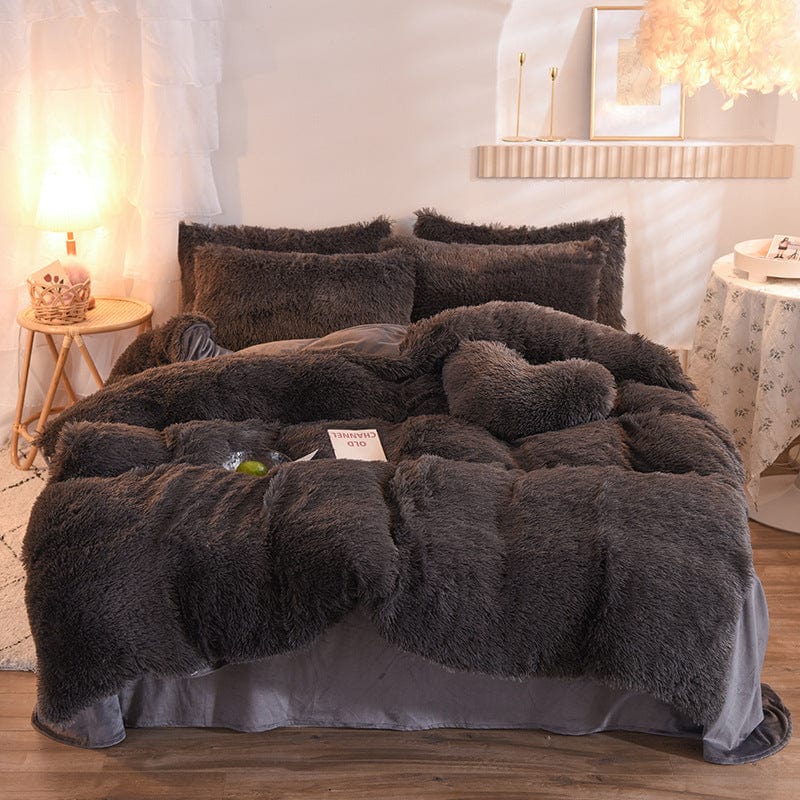 4U Bedclothes Dark Grey / 1.5M "Plush Mink Velvet Bedding Set – 4-Piece Fluffy Winter Quilt Cover with Pillowcases for Queen & King Beds"