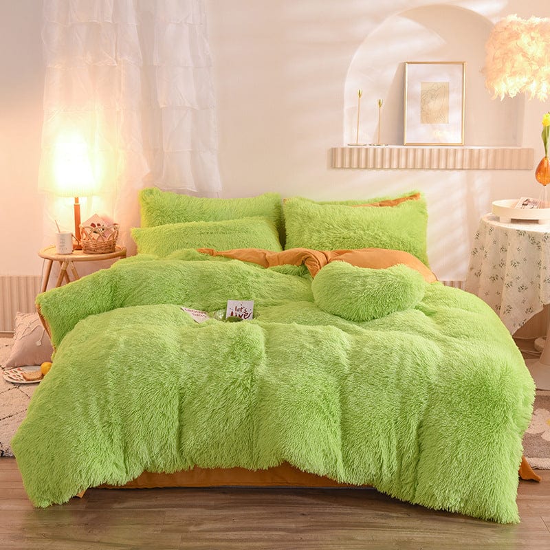 4U Bedclothes Green / 1.5M "Plush Mink Velvet Bedding Set – 4-Piece Fluffy Winter Quilt Cover with Pillowcases for Queen & King Beds"