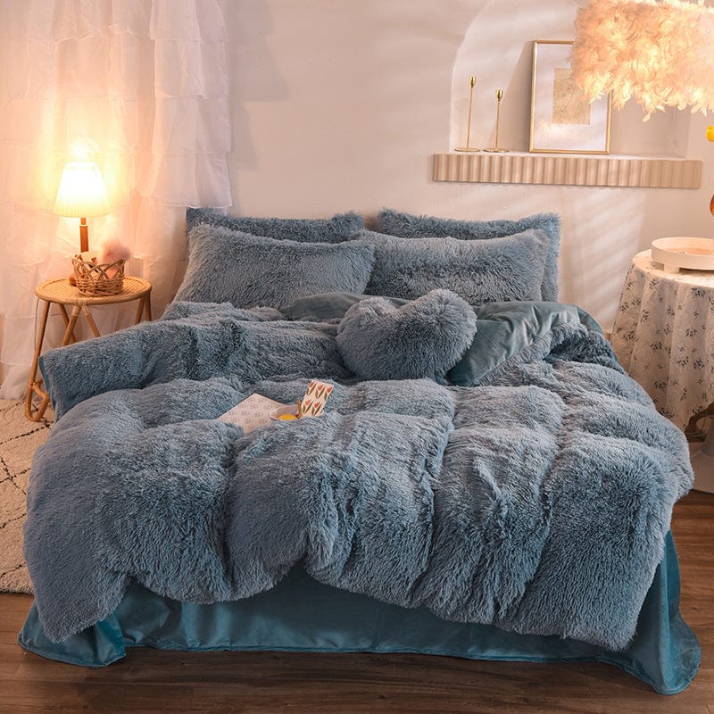 4U Bedclothes Light Blue / 1.5M "Plush Mink Velvet Bedding Set – 4-Piece Fluffy Winter Quilt Cover with Pillowcases for Queen & King Beds"