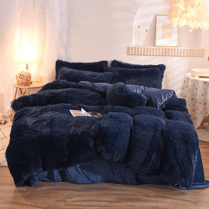 4U Bedclothes Navy / 1.5M "Plush Mink Velvet Bedding Set – 4-Piece Fluffy Winter Quilt Cover with Pillowcases for Queen & King Beds"