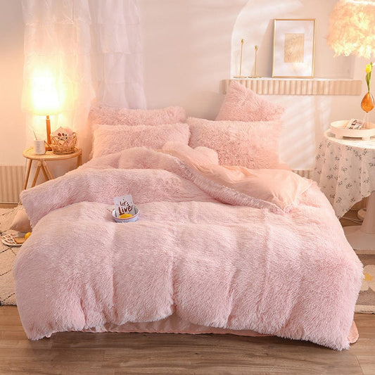 4U Bedclothes Pink / 1.5M "Plush Mink Velvet Bedding Set – 4-Piece Fluffy Winter Quilt Cover with Pillowcases for Queen & King Beds"