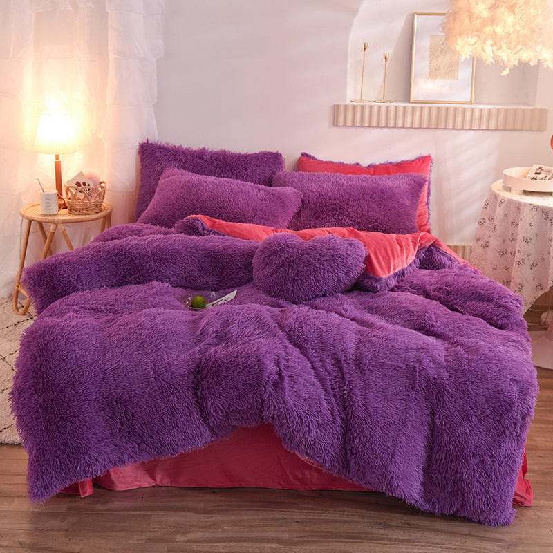 4U Bedclothes Purple / 1.5M "Plush Mink Velvet Bedding Set – 4-Piece Fluffy Winter Quilt Cover with Pillowcases for Queen & King Beds"