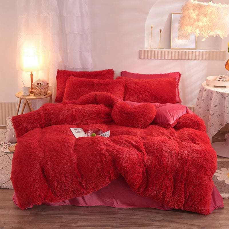 4U Bedclothes Red / 1.5M "Plush Mink Velvet Bedding Set – 4-Piece Fluffy Winter Quilt Cover with Pillowcases for Queen & King Beds"