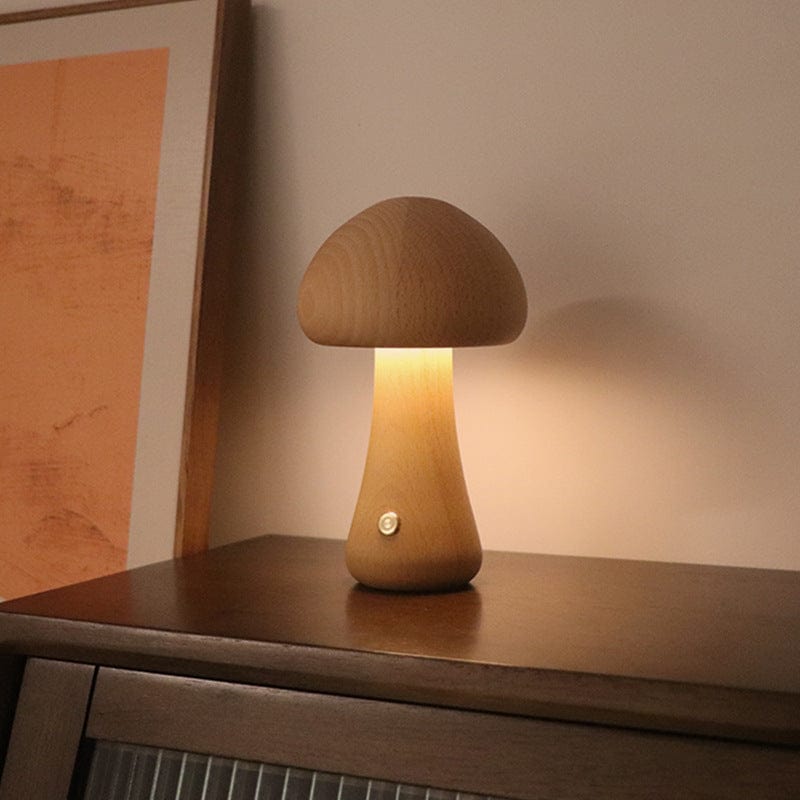 4U LED A / Beech / 2.4W Cute Mushroom LED Night Light - Wooden Bedside Lamp with Touch Switch for Home Decor