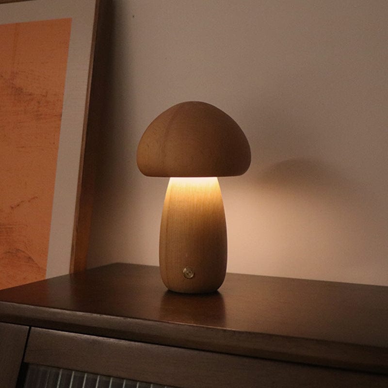 4U LED B / Beech / 2.4W Cute Mushroom LED Night Light - Wooden Bedside Lamp with Touch Switch for Home Decor