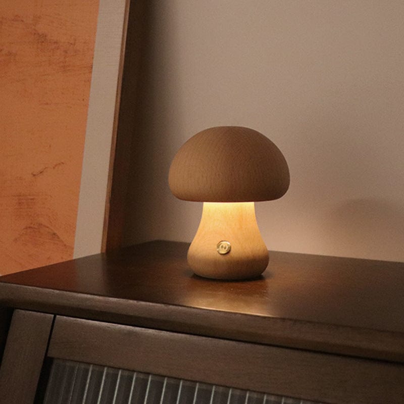 4U LED C / Beech / 2.4W Cute Mushroom LED Night Light - Wooden Bedside Lamp with Touch Switch for Home Decor