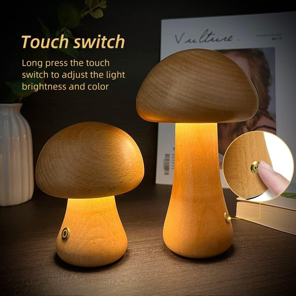 4U LED Cute Mushroom LED Night Light - Wooden Bedside Lamp with Touch Switch for Home Decor