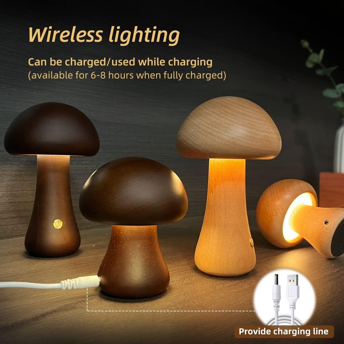 4U LED Cute Mushroom LED Night Light - Wooden Bedside Lamp with Touch Switch for Home Decor