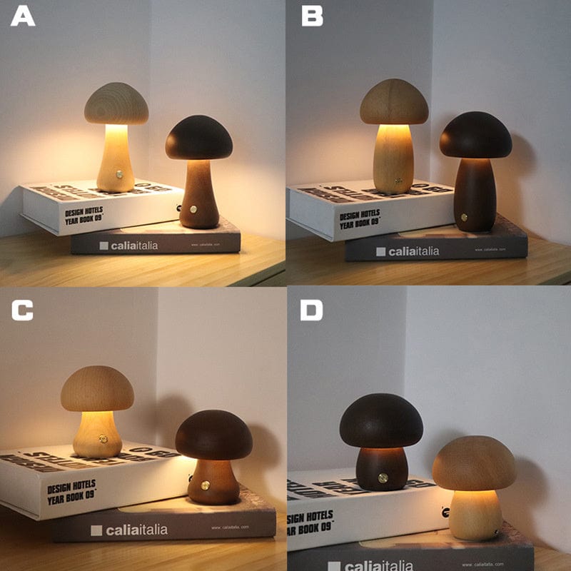 4U LED Cute Mushroom LED Night Light - Wooden Bedside Lamp with Touch Switch for Home Decor