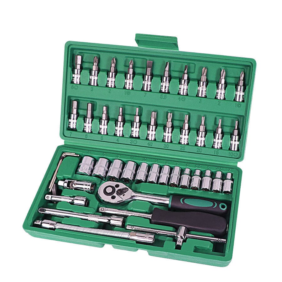 4U Metric Socket Set Green 46-Piece Metric Socket Set - Alloy Steel Ratchet Wrench Tool Kit for Car Repairs