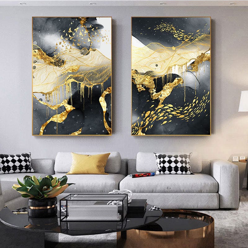 4U Wall Art Abstract Golden Black & White Wall Art - Frameless Oil Canvas Poster